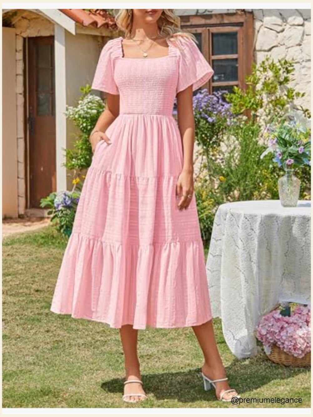 Summer Midi Dress with Pockets, Smocked Bust, Ruffle Tiered Boho Style - Picture 3 of 7